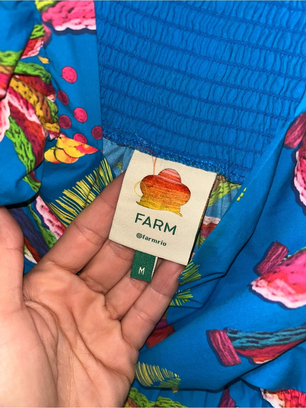 Farm Rio Blue Bananas Tropical Blue Puff Sleeve Midi Dress | M - Picture 5 of 5